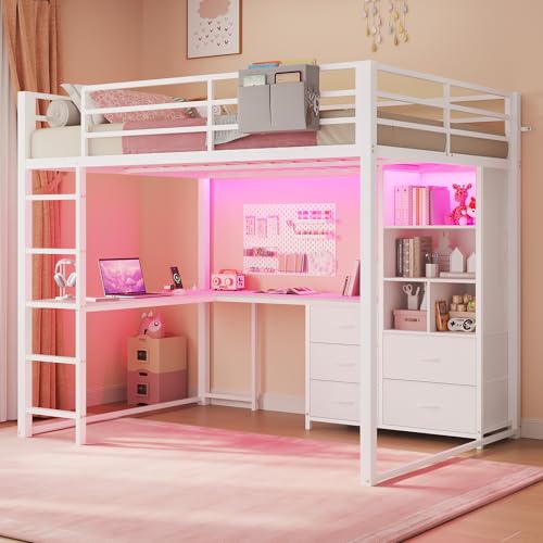 ADORNEVE Full Size Loft Bed with L Desk, 5-Tier Bookshelf, 5 Storage Drawers, LED Metal Loft Bed with Power Outlet, Loft Beds with Safety Guardrail & Ladders, No Box Spring Needed, White