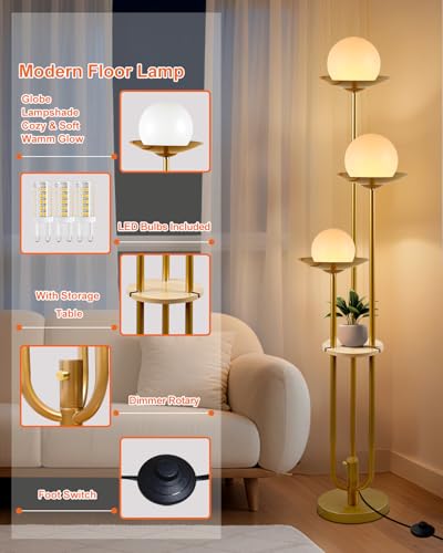 Image of Lightdot 3-Light Globe Floor Lamp with Shelf Modern Dimmable Floor Lamps for Wedding /Party, 3000K Warm White Bulbs Included, Gold Tall Standing Lamp for Living Room /Bedroom /Sofa Beside /Corner Decor