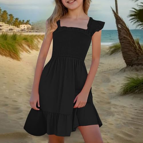 Girls Summer Dresses Cute Sleeveless Pleated Square Neck Ruffled Mini Dress Solid Color A Line Beach Sundresses 20252