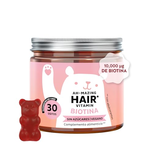 Gominolas Biotina Ah-mazing Hair Vitamin – Para el cabello, uñas y piel - 10.000 µg de Biotina, Zinc, Vitaminas B6, C, E e Yodo – 30 Unidades (1 mes), Vegana, Sin Azúcar, Bears with Benefits