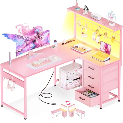 MOTPK L Shaped Gaming Desk with Drawers & LED Light & Power Outlet 43 Reversible Computer Table with Shelves & Hooks for Home Office Carbon Fiber Pink