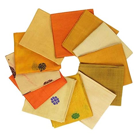 Vintageandyou Pack of 12 Refurbished Sari Silk Fat Quarter Fabric Bundle DIY Sewing Craft 18 x 22 Inches Yellow Cover