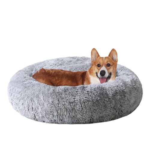 Image of JOLLYVOGUE Faux Fur Dog & Cat Bed, Calming Anti-Anxiety Pet Bed for Small Dogs, Fluffy Donut Cushion for Small and Medium Pets (23 inch), BLACK