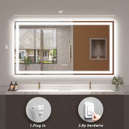 Image of LED Bathroom Mirror for Wall 60x38, Large Lighted Vanity Mirror with Lights, Dimmable, Anti-Fog, Shatter-Proof, ETL Listed (Front + Backlit)