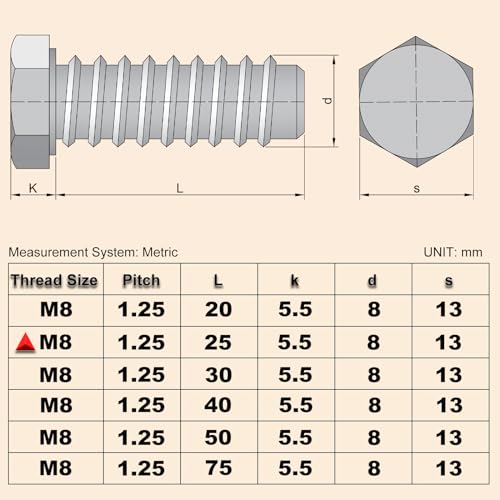 Image of 25pcs M8 Hex Bolts M8x25mm Hex Head Bolts Stainless Steel 304 | M8-1.25 Hex Bolt Fully Threaded Hex Tap Bolts Metric Hexagon Head Screw Machine Bolts Right Hand External Hex Drive, Silver