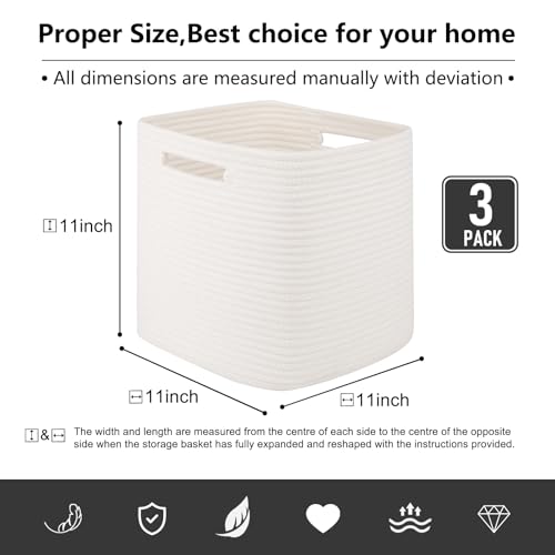 OIASKET Storage Cube 3 Pack, Woven Rope Storage Baskets for Organizing, 11 * 11 Inches Shelf Basket|Cube Storage Bin|Square Baskets for Living Room, Baby Nursery Room-White