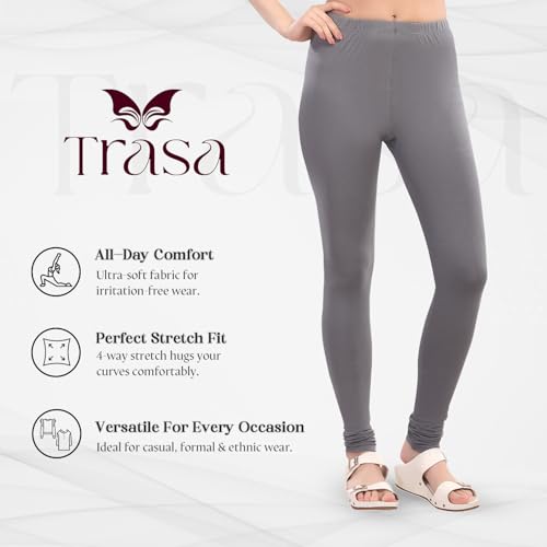 Image of TRASA Ultra Soft Cotton 4 Way Stretchable Churidar Solid Regular and Plus 20 Colours Leggings for Womens and Girls -Sizes :-M, L, XL, 2XL, 3XL, 4XL, 5XL, 6XL