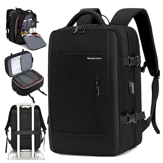 Romantic Crown Mochila de Viagem Expansivel Masculina Feminina, Mochila Para Notebook Executiva Impermeável Reforçada Cabo USB, Trabalho, Escola, Viagens (Preto)