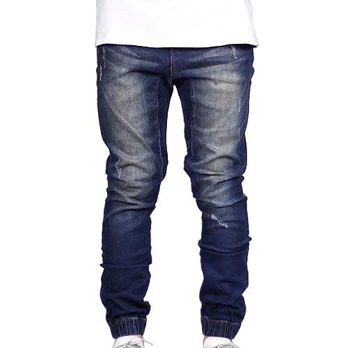 JEKE-DG Mens Washed Tapered Leg Jeans Distressed Skinny Stretch Denim Pants Slim Fit Casual Sweatpants with Pocket (34,Dark Blue 2)