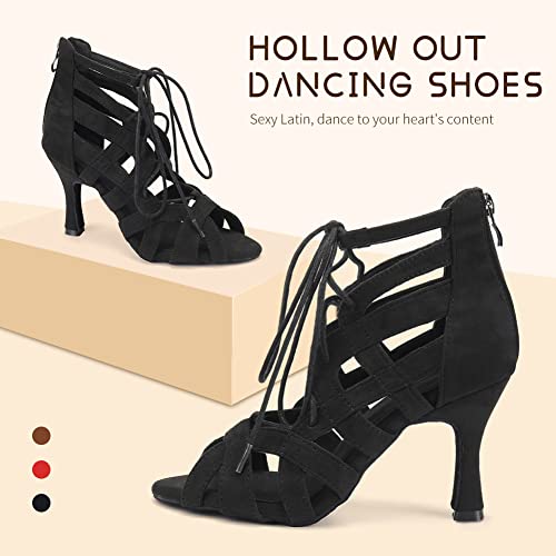 Swdzm AT-QJW7208-BLACK-8.5JB-M-39 Women'S Ballroom Latin Salsa Dance Shoes Lace-Up Open-Toe Dance Boots,Black,Heel 3 1/3",Suede Sole,Us 7.5 thumb #1