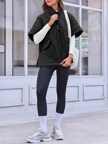 Fazortev Women's Puffer Poncho Pullover Quilted Jacket Short Sleeve Half Zipper Coat Cape Outerwear4