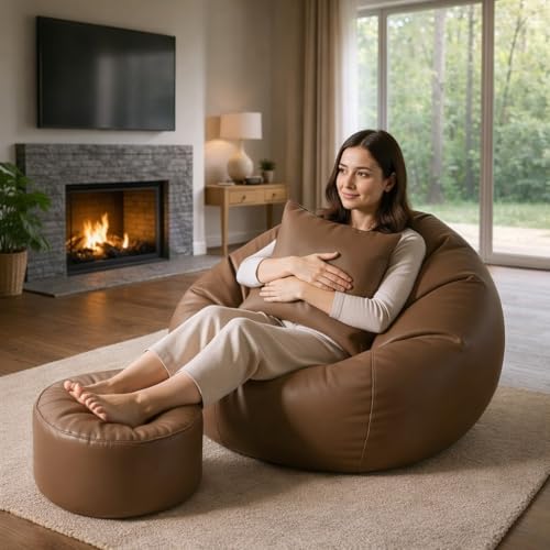 Image of IVIKA Bean Bag with Stool & Cushion | XXXXXL Size Premium Leatherette Bean Bag for Gaming, Living Room & Bedroom (5XL - Tan)