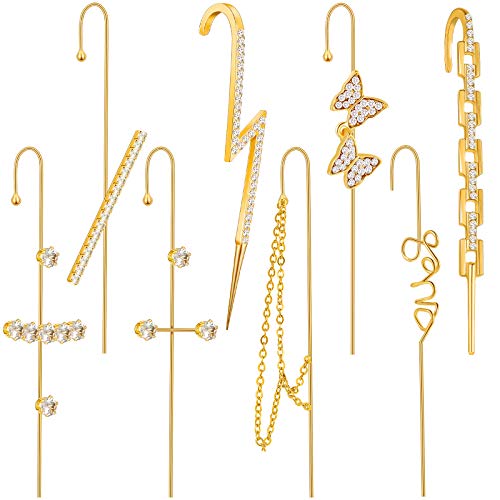 8 Pieces Ear Cuff Wrap Crawler Hook Earrings Zirconia Rhinestone Piercing Climber Earrings Gold Crawler Earrings Classic Piercing Ear Cuff for Women