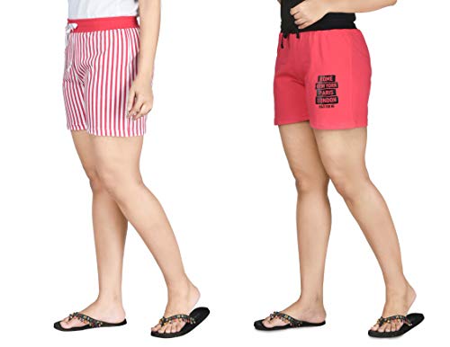 Image of Club A9 Women's Cotton Printed Shorts | Short Pants | Hot Pants (Pack of 2) (L, Pink Stripe, Dark Pink)