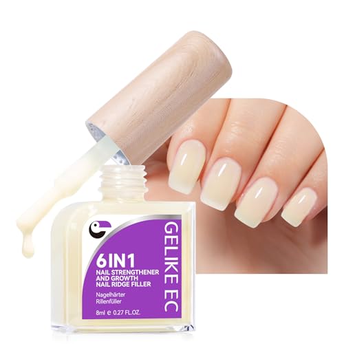 Image of Nail Polish Strengthener and Growth Treatment: Yellow Gelike EC 6 in 1 Natural Nail Hardener Extra Strong and Growth - Long Lasting Nail Repair for Damaged Nails - For Daily Work Home Salon