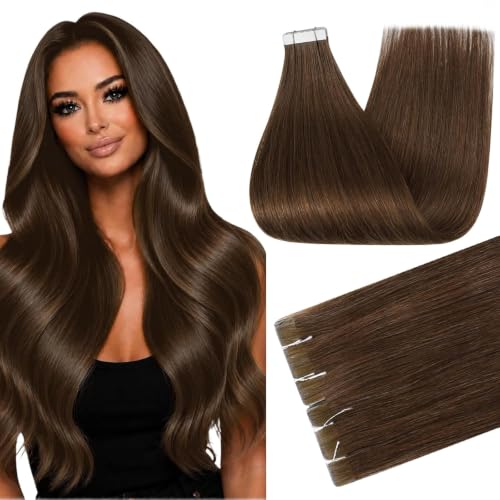 Full Shine Injected Tape In Extensions Human Hair, Dark Chestnut 24 Inch