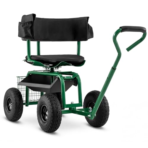 Goplus Garden Seat with Wheels, Rolling Gardening Stool with Adjustable 360° Swivel Seat, Tool Tray & Storage Basket, Extendable Handle, Outdoor Gardening Scooter, Garden Cart Workseat for Seniors