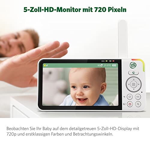 Leap Frog LF915HD videobabyfoon, kantel/draaibare camera, 5-inch HD-kleurendisplay, temperatuur/vochtigheidssensor, groothoeklens, intercomen, nachtzichtmodus, zoom, nachtlampje, wandmontage, wit - Afbeelding 3