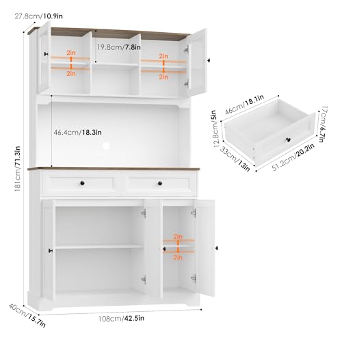 FACBOTALL Tall Kitchen Pantry Storage Cabinet, Kitchen Hutch with Countertop and Microwave Stand, Food Pantry Cabinet with Doors and Adjustable Shelves, White