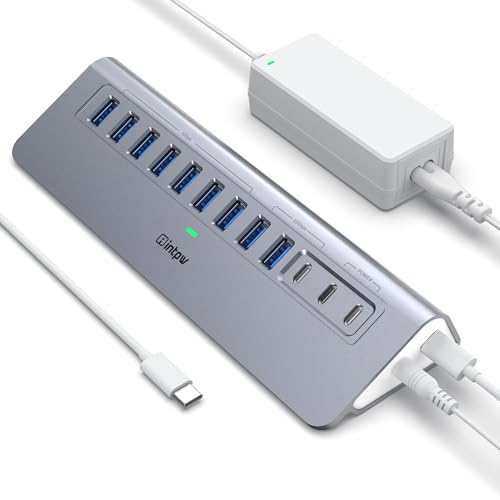 Image of Powered USB Hub 10Gbps, intpw YH9AC 12-Port USB Splitter with USB A /USB C 3.2, 7 USB 3.0, 2 PD 45W Charging Ports, 65W Power Adapter + 3.3FT Cable, Aluminum USB Extender Hub for Laptop /PC /iPhone 16 /15