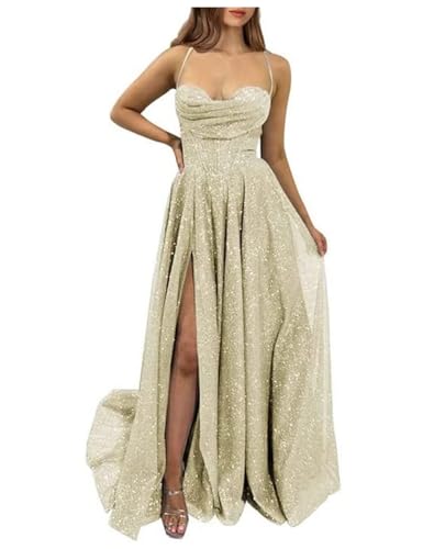 Womens Glittery Spaghetti Straps Sweetheart Prom Dresses Side Slit A Line Long Ruched Evening Gowns with Pocket