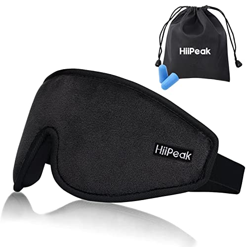 アイマスク HiiPeak 睡眠用 快眠 通気性 3D 立体 遮光99.99% 圧迫感なし シルク質感 軽量 耳栓セット 低反発素材 昼寝 安眠 目隠し コンパクト 柔らかい オフィス 旅行 出張 収納袋付 (ブラック)