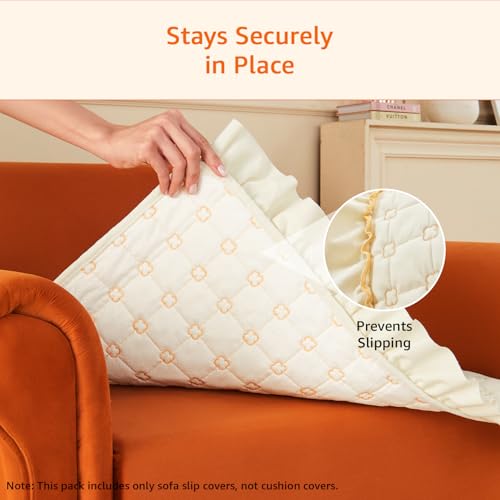 Image of Amazon Basics Quilted Sofa Cover for Single Seater, Modern Grid Pattern, Non-Slip Sofa Pad, 70x70 cm, Soft Silicone Grip Dots, 100% Polyester, Machine Washable - Off-White