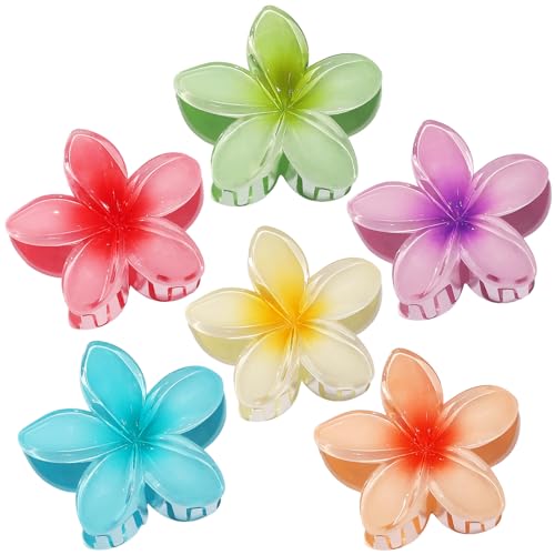 CHANDAT Flower Hair Clips 6 PCS Hawaiian Claw Clips for Vacation Hibiscus Hair Claw Clips Cute Large Hair Clips for Thick and Thin Hair Plumeria Hair Accessories for Women Girls -Hawai