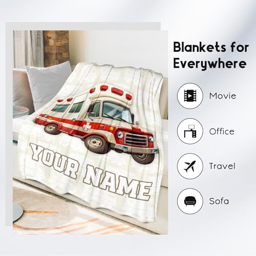 Personalized Ambulance Blanket, Cozy Soft Throw Gifts for Kids, Cute White Flannel Throw Blankets for Bed Travel, 50x60 Inches