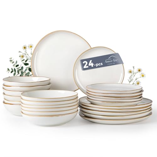 Image of AmorArc Ceramic Dinnerware Sets,Handmade Reactive Glaze Stoneware Plates and Bowls Sets,Highly Scratch Resistant | Dishwasher & Microwave Safe Dishes Set,Service for 6 (24pc)(with Pasta bowls)