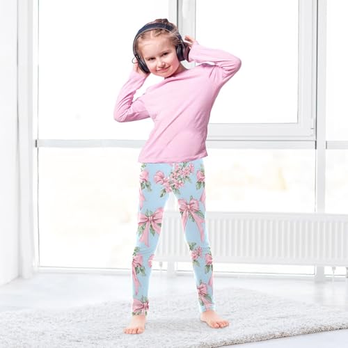Elegant Bow Pink Flower Girls Leggings Soft Stretch Workout Yoga Dance Pants for Kids Casual Tights4