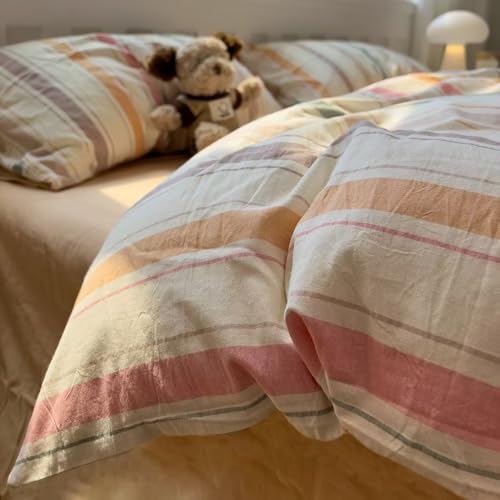 Image of MKXI Washed Cotton Duvet Cover Set Retro Stripes in Autumn Palette 3-Piece Vintage-Style Bedding with Secure Zipper & Ties, for Nostalgic Bedrooms, Dorms & Cozy Spaces (Full Size)