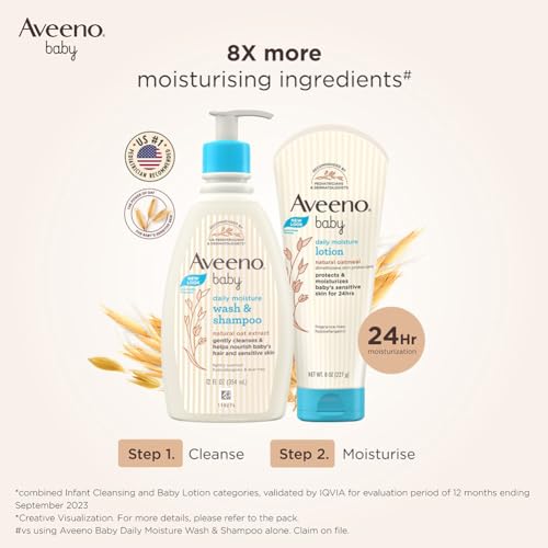 Image of Combo pack Aveeno Baby Daily Moisture Lotion (227g) + Wash and Shampoo (100ml) | With natural oat extract | Hypoallergenic, pediatrician recommended | Cleanses, nourishes, soothes & protects baby's sensitive skin