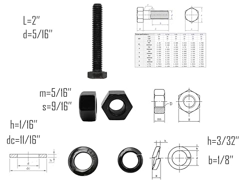 Image of LBY 9 Sets Hex Bolts Kit, 5 /16-18x2'' Hex Head Screws Bolts (Fully Threaded), with Heavy-Duty Nuts, Flat & Lock Washers, Alloy Steel (Black)