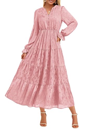 Image of KIRUNDO Spring Wedding Guest Dresses for Women 2026 Maxi Floral Long Sleeve Elegant Ruffle Tiered Flowy Party Long Dress