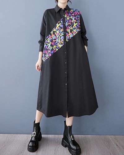 Image of ellazhu Womens Fall Casual Patchwork Funky Long Sleeve Designer Dress Loose Blouse GY2787 A