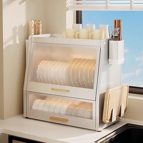 Large Capacity Dish Drying Rack with Lid, 3-Tier Freestanding Kitchen Drain Rack with Side Storage, Countertop Dish Organizer for Home & Restaurant (White)