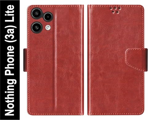 Image of SBMS Flip Cover for Nothing Phone (3a) Lite Back Cover Case with Magnatic Closure | Genuine Leather Finish | Inbuilt Stand | Card & Money Pocket | Wallet Style Flip Back Case Cover (Brown)