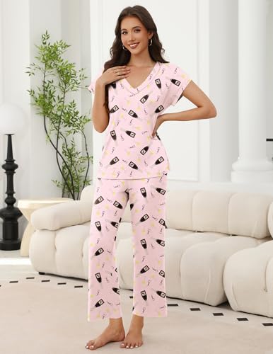 Ekouaer 2 Pack Pajamas for Women Short Sleeve V Neck Pj 2 Piece Lounge Sets S-XXL2