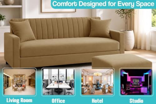 Image of Urban Decor 3 Seater Wooden Sofa Set with Matching Ottoman, Modern Channel Tufted Velvet Fabric Couch for Living Room-Golden