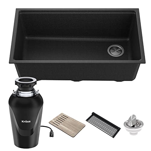 KRAUS Bellucci Workstation 32 in. Undermount Granite Composite Single Bowl Kitchen Sink in Metallic Black with Accessories with WasteGuard™ Continuous Feed Garbage Disposal, KGUW2-33MB-100-75MB