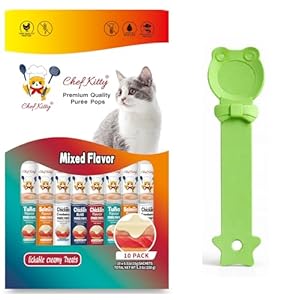 Purée Pops + Green Feeding Spoon, Grain-Free, Lickable, Squeezable Creamy Cat Treat/Topper, 10 Tubes, Chicken and Seafood Mix Variety