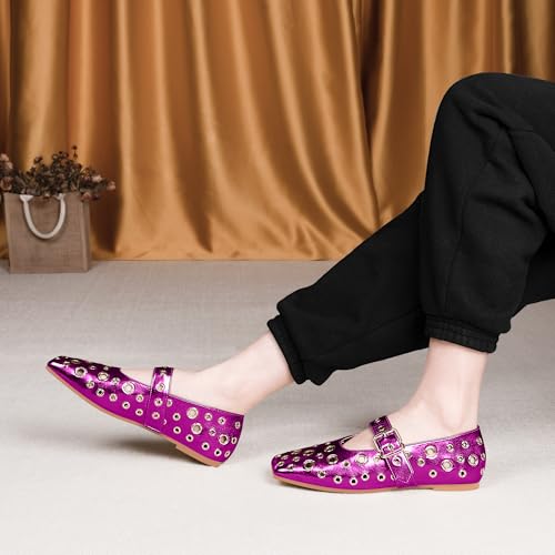 Women's Ballet Flats Studded Metal Eyelet Buckle Perforated Mary Jane Shoes3