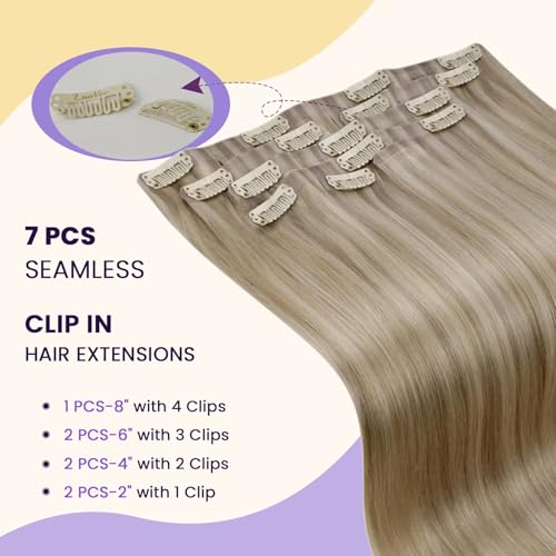 Image of LaaVoo Seamless Clip in Hair Extensions Blonde Seamless Hair Extensions Clip ins Dark Ash Blonde Highlights Light Blonde Seamless Clip ins Hair Extension Real Human Hair PU Weft 14 Inch 7pcs /110g