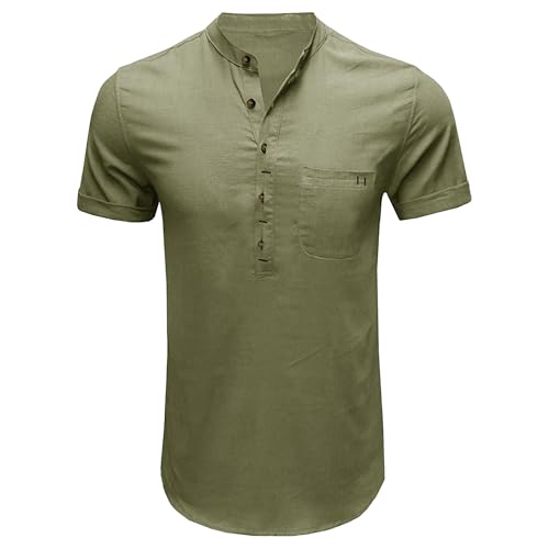 Men Henry Collar Solid Short Sleeve T Shirt Quarter Button Daily Style Shirts Summer Loose Breathable Pullovers Top (Navy Green,Large)