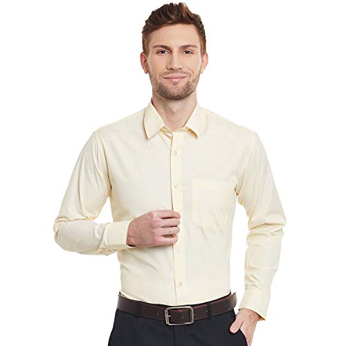 Image of English Navy Men Spread Collar Solid Slim Fit Formal Yellow