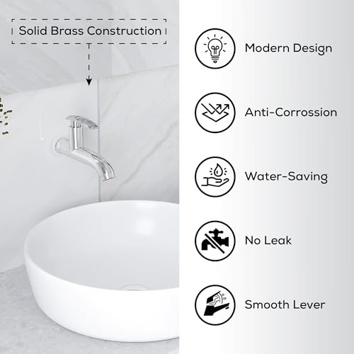 Image of Gloxy Premium Brass Long Body Bib Cock Tap with Chrome Finished Riva Lever with Wall Flange for Gardens, Wash Basin Tap, Bathroom Tap, Kitchen Sink Tap & Wash Areas - 10 Years Warranty