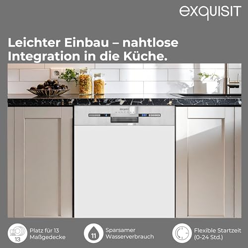 Exquisit PLUS Einbaugeschirrspüler | 13 Maßgedecke, Energieklasse E, 47 dB(A) | vollintegriert, 7 Programme, Eco, Intensiv, Kurz, Extra-Trocknung, Startzeitverzögerung | EGSP2113-EB-030E inox