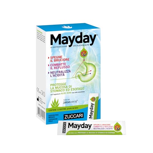 Zuccari Mayday Gastrosoluzione, 12 Stick-Pack da 10ml, Con Aloe Vera a Doppia Concentrazione, Sodio Alginato e Bicarbonato di Sodio, Sollievo per Reflusso Gastroesofageo e Iperacidità