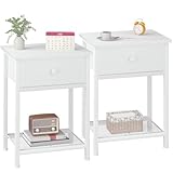 AMHANCIBLE Lot de 2 Tables de Nuit avec tiroir en Tissu, Tables d'appoint industrielles avec étagère de Rangement, Table de Chevet Fine pour Chambre à Coucher, Blanc HET03SDWT